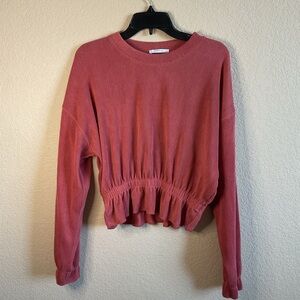 Zara Basic Womens Small Long Sleeve Ribbed Terry Gathered Top Terra Cotta‎ Pink